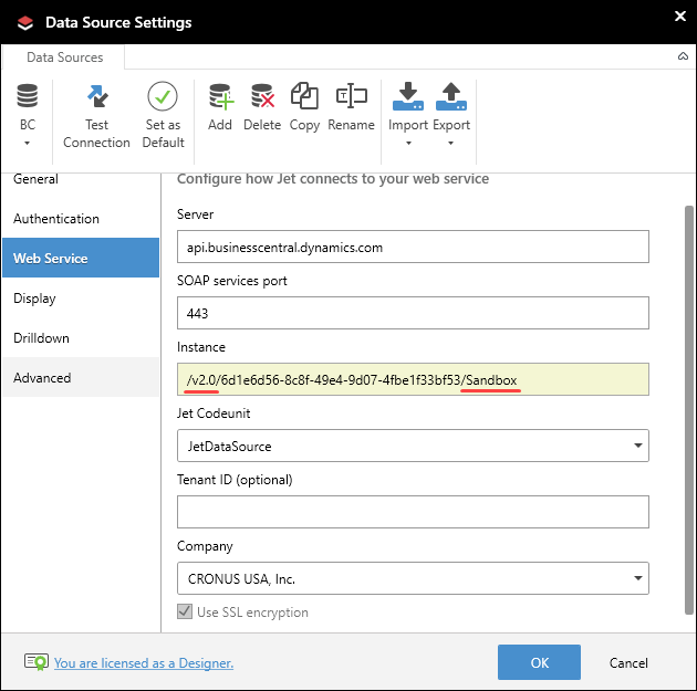 Create a D365 Business Central Sandbox data source with Jet Reports